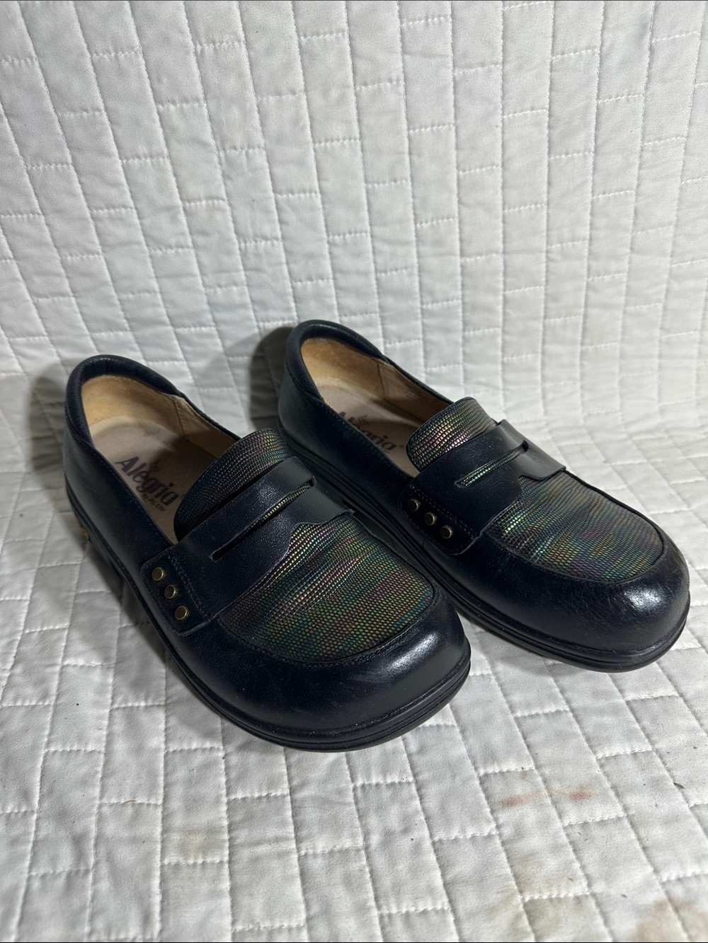 Alegria Taylor penny loafers black leather multicolored, iridescent iguana vamp
